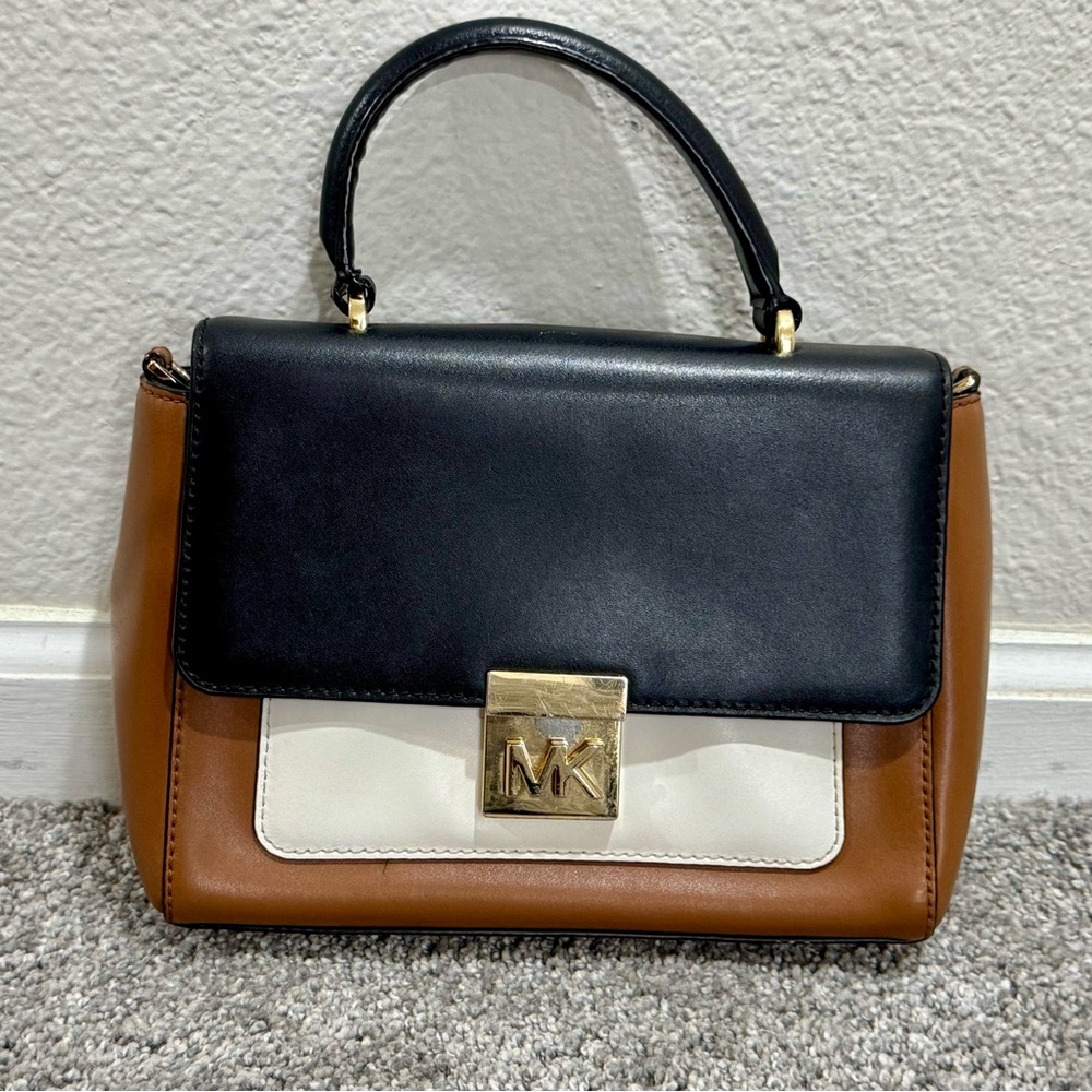 Michael Kors Mindy Medium Convertible Leather Satchel-Black/Tan/White